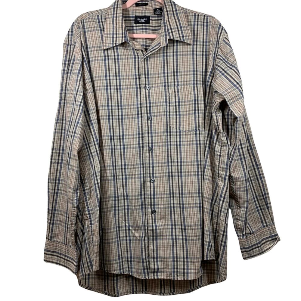 HAGGAR Tan Plaid Button Down Long Sleeve XL